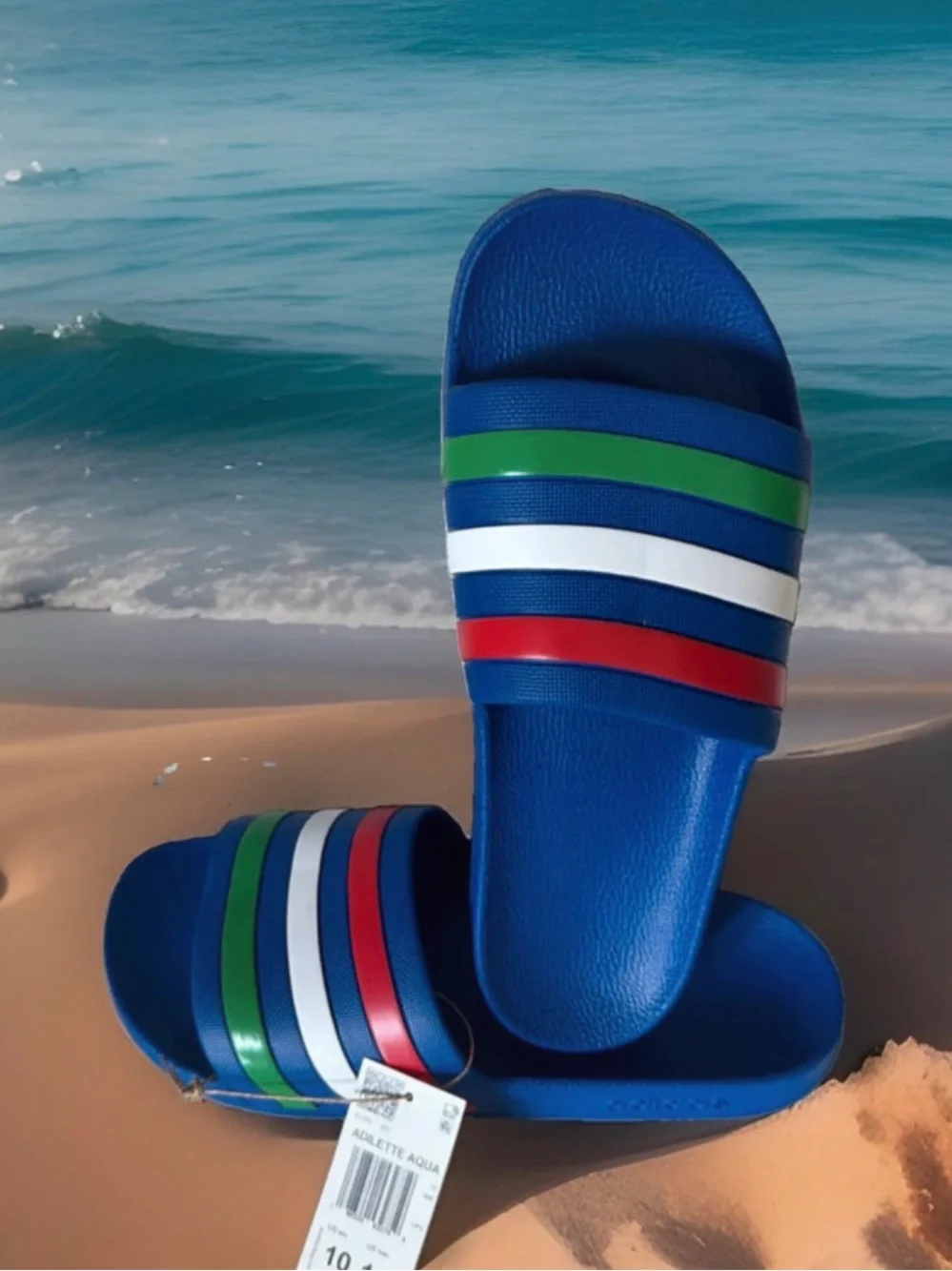 Adidas Adilette Aqua Men’s Size 10 Slide Sandals. Blue/ Multicolor Stripes. NWT
